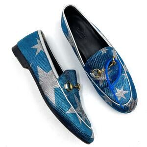 Gucci Jordaan Starry Sky Loafers Blue Metallic Silver Horsebit Leather Sz 37 / 7